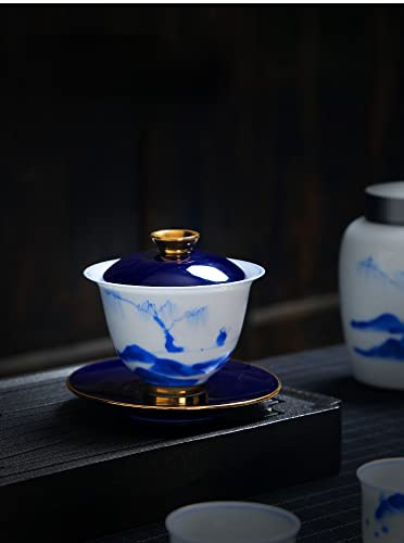 Tazón de cerámica Tureen infusor de té China - Juego de té Juegos de té para Adultos Moderno Tureen infusor de té Sopera de té (tazón de Cubierta de la Familia Shanshui)