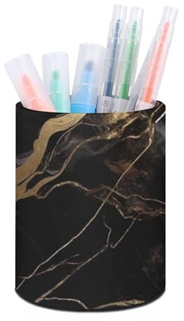 NQLYUT Stifthalter aus Leder, Schwarz / Gold, Marmor, Make-up-Pinselhalter, Stiftebecher, Schreibtischzubehör, Stift-Organizer, Bleistift-Becherhalter für Schreibtisch, Schreibwaren-Organizer
