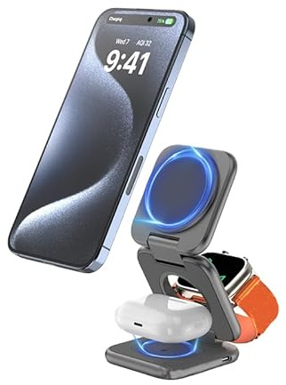 ENOVIQ 3 in 1 Charging Station for iphone and Qi Devices, Foldable Wireless Charger Magsafe for iPhone 16 15 14 13 12 Pro/Max/Plus, 15W Fast Charger for iWatch, AirPods Pro/2/3/4 (BLACK)