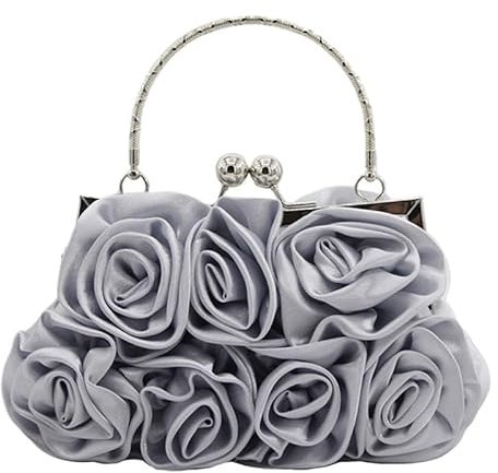 YOPI Satin-Blumentasche, handgenäht, 14 Rosen, Abendtasche, Kleidertasche, Brauttasche(Silver)