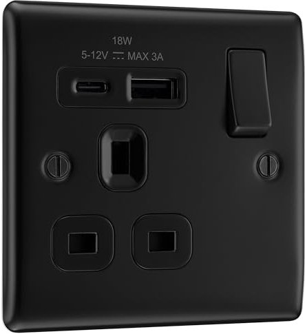 BG Electrical 18W Single Switched Power Plug Wall Socket with Type A USB and Type C USB Charging Ports, Fast Charge, Raised and Slim Profile, Round Edges, Nexus Metal, Matt Black, 13A, NFB21UAC18B