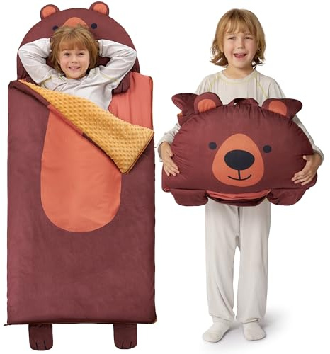 Joiedomi 152 x 69cm Sac de Couchage Enfant Ours Brun, Tapis de Couchage Enroulable pour Le Milieu préscolaire, pour garçons et Filles, Maternelle, Nuit de 3 à 7 Ans
