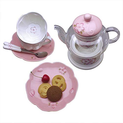 Service à thé pour 2 personnes, théière, tasse et soucoupe en porcelaine anglaise avec réchaud et infuseur à thé – Motif fleurs de cerisier (théière en verre)