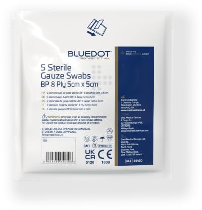 Sterile Mulltupfer, 5 cm x 5 cm, 5 Stück, einzeln verpackt für Wundversorgung und Erste Hilfe zu Hause