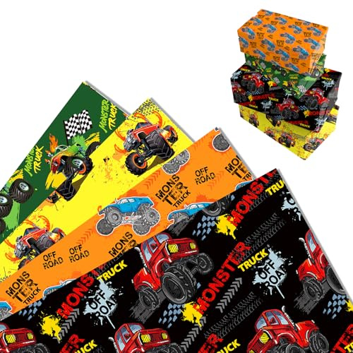 4 Bögen Monster Truck Geschenkpapier, Monstertruck Geburtstag Deko, Rennauto Geschenkpapier, Rennauto Geburtstagsgeschenkpapier Kinder, Racing Truck Geburtstagsdekorationen für Kinder, 70 x 50 cm
