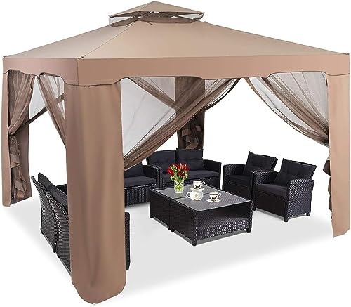 GOPLUS Carpa Plegable 3 X 3 M con Doble Techo, Pabellón Gazebo de Jardín Impermeable con 4 Mosquiteras Transparente, Cenador Metálica para Exterior Terraza,Camping (Marrón)