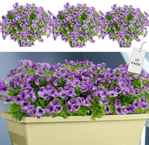 Muiltvoe Artificial Fake Pansy Flowers Outdoor for Spring Summer - 12 Bundles Faux Silk Flowers Plants UV Resistant Realistic Eucalyptus Bushes Greenery for Outside Garden Window Box Decor