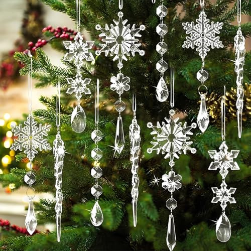 GXGM 10 Piezas Decoración Navideña Adornos del Árbol de Navidad, Transparente Colgante Acrílico de Copo de Nieve de Carámbanos para Navidad Invierno Exterior Interior Fiesta Decoración