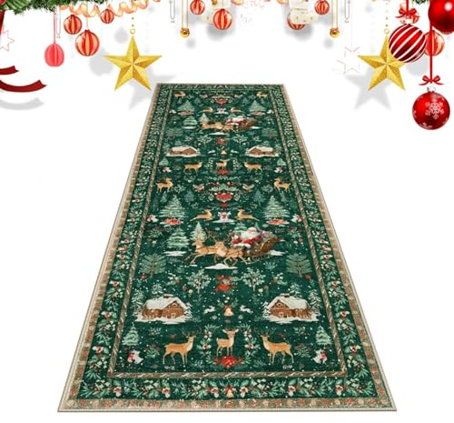 Qurygin Weihnachtsläufer-Teppich, Polyester, Weihnachts-Teppich, Langer Hirsch, Weihnachtsmann, weicher Küchenläufer, Bodenmatte für Schlafzimmer, Waschküche, Wohnzimmer, Eingangsbereich, 200 x 60 cm