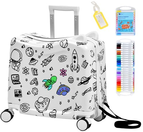 Kids Ride-On Suitcase with Cute Ears, DIY Graffiti Coloring Design, 20 Carry-On Luggage with 4 Spinner Wheels, Pull Rope & Combination Lock – Rideable Travel Case for Toddlers & Children(White)