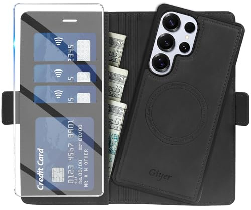 Giyer Handyhülle für Samsung Galaxy S24 Ultra Hülle mit Schutzfolie, Starke Magnetisch 2 in 1 Abnehmbare PU Leder Wallet Standfunktion Kartenfach Schutzhülle für Samsung S24 Ultra Case (Schwarz)