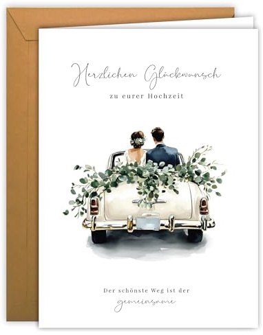 Hochzeitskarte groß mit Hochzeits-Auto – Illustration in Pastell | Klappkarte A4 mit Kraft-Umschlag, innen blanko – Karte zur Hochzeit, Einladungskarte - für Polterabend Brautpaar Einladung zum Fest