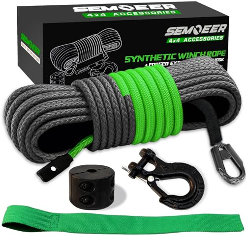 Synthetic Winch Rope Kit, 1/4 x 50ft 10000LBS Winch Rope with Protective Sleeve, Heavy Duty Hook, Rubber Stopper and Safety Pull Strap for ATV UTV Off Road Accessories, Black with Green Warning