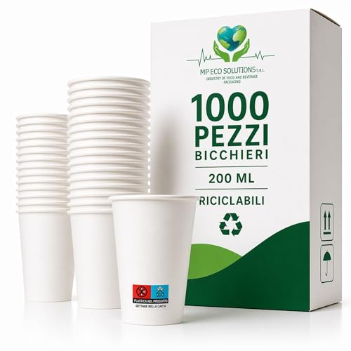 MP ECO SOLUTION 1000 vasos de papel de 200 ml, desechables, blancos, resistentes, para café y bebidas calientes y frías, para uso en bares, oficinas, eventos, fabricados en Italia
