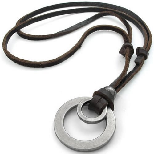 KONOV Halskette mit Doppelring-Anhänger, verstellbar, Lederband, Braun / Silber