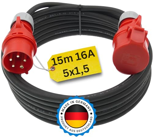 Starkstromkabel 16A 15m H07RN-F 5x1,5 Starkstrom Verlängerungskabel CEE Verlängerung 16 Ampere Kabel 5x1,5mm2 Baustelle Werkstatt Industrie Geeignet Outdoor IP44 Spritzwassergeschütz