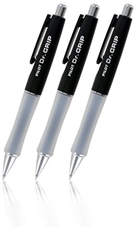 Pilot Dr.Grip Retractable Ball Point Pen, Medium Point, Black Ink - Pack of 3 (Black)