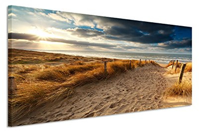 150x50cm Leinwandbild auf Keilrahmen Holland Nordsee Meer Strand Sonnenuntergang Wandbild auf Leinwand als Panorama