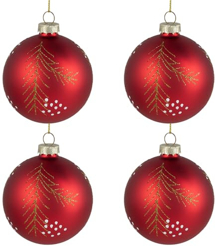 Glittered Pine Needle Glass Christmas Ball Ornaments - 3 (75mm) - Red - 4ct