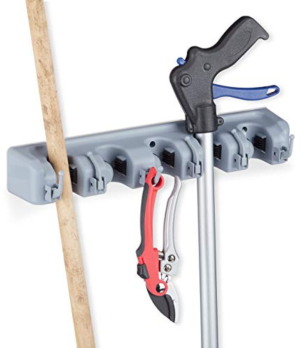 Relaxdays Gerätehalter Wandhalterung, 5 Klemmhalter, 6 Klapphaken, Universal Werkzeughalter für Wand, 40 cm, PP, grau | Universal Werkzeughalter für Wand, 40 cm, PP