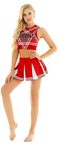 YOOJIA Damen Cheerleading Kostüm Sport Outfits Schulmädchen Uniform Karneval Cosplay Anzug Bauchfrei Crop Top Mini Faltenrock Festival Tanzkleidung A Rot S