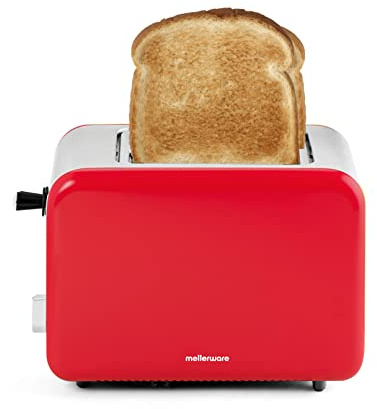 Mellerware - Tostadora Crispy! Inox 850W | 3en1 (Recalentar, Descongelar, Tostar) | 6 Funciones | Ranuras 14x4cm | Bandeja Recogemigas | Diseño Único Vintage | Silenciosa | Libre de BPA | Rojo