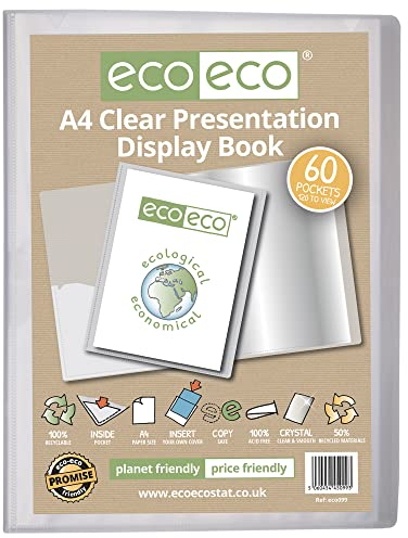 eco-eco eco099 Präsentationsmappe, A4-Format, 50% recycelt, 60 Hüllen, transparent, Präsentationsmappe mit Kunststoffhüllen