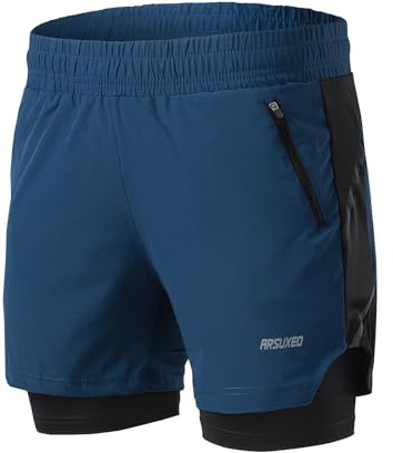 ARSUXEO Men's 2 in 1 Active Running Shorts with 2 Zipper Pockets B191 Dark Blue Size Medium