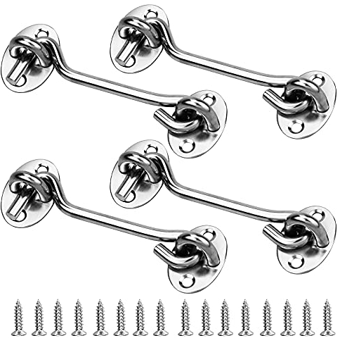 4 Stück Sturmhaken Edelstahl, 10 cm Kabinenhaken mit öSe, Fensterhaken Türhaken Fensterriegel mit Schraubenfür FensterläDen Scheunentor Garagentor Gartentor Riegel