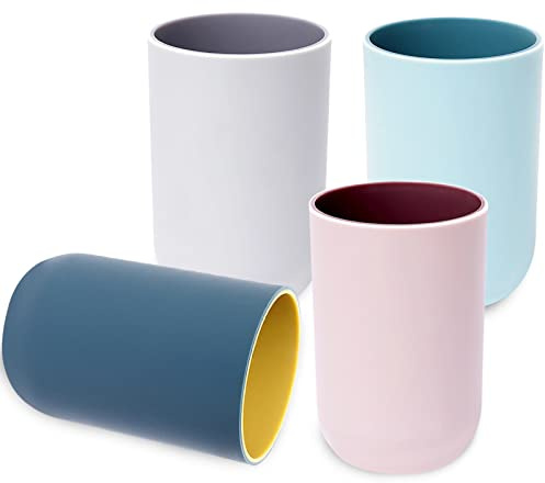 Bathroom Cups, Unbreakable Reusable Drinking Cups Set of 4 Colors Plastic Toothbrush Holder Tumbler 330ml Dishwasher Safe