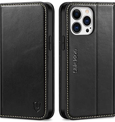 SHIELDON Hülle für iPhone 13 Pro Max, Stoßfeste Schuzhülle [Echtleder] [Kartenfach] [Stand] [Verdicht TPU] Magnetische Handyhülle Klapphülle Ledertasche Kompatibel mit iPhone 13 Pro Max 6,7 - Schwarz