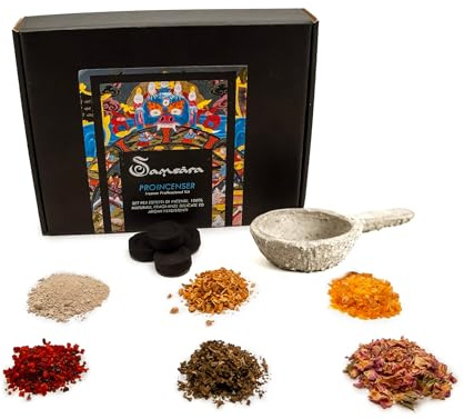 Samsara Kit incenso ProIncenser - kit professionale incensi - 5 Resine e grani di incensi assoriti - sabbia dorata - Bruciaincenso colore casuale - Carboncini