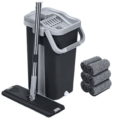 SWISSPACK Superior Sturdy And Strong Floor Mop and Bucket Set − Easy and Simple Squeeze Bucket, Flat Mop with 6-Pack Replacement Machine Washable Microfibre Mop Pads (Black)