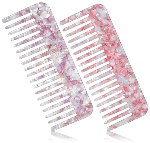 HONZUEN 2Pcs Wide Tooth Comb Anti-static Curly Hair Large Hairdressing Detangling Styling for Long Thick Curl Wavy Wet Hair without Handle LightWeight Shower Tortoiseshell Travel Comb(Purple/Pink)