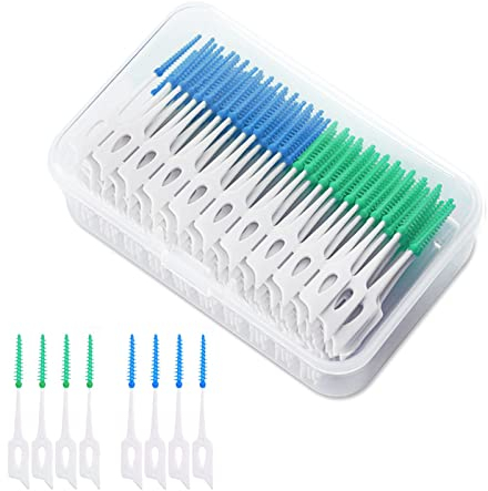VIKSAUN 200 Pezzi Spazzolini interdentali, Stick interdentali Filo interdentale a doppio uso Silicone, Pennelli interdentali Spazzolino Dentale Orale Per la pulizia dentale interdentali (Blu Verde)