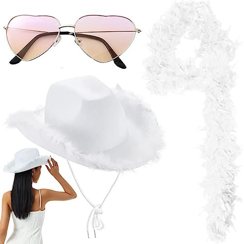 Miake Weißer Cowgirl-Hut, Western-Kostüm, Cowboy-Hut-Set, Cowboy-Hut, Western-Cowgirl-Hut Für Damen, Mit Feder-Bandana Und Herz-Sonnenbrille Für Junggesellenabschied, Geburtstag, Geburtstag