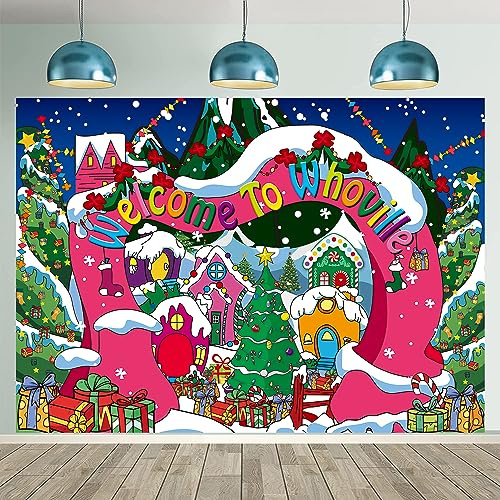 Welcome to Whoville Hintergrund 2,4 x 1,8 m Winter Weihnachten Dorf Fotografie Hintergrund für Kinder erster Geburtstag Babyparty Happy New Year Xmas Urlaub Party Dekoration Supplies Foto Requisiten