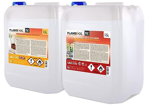Höfer Chemie 2 x 10 L FLAMBIOL® Bioethanol Probierset Ethanol Kamin, Ethanol Feuerstelle, Ethanol Tischfeuer und Bioethanol Kamin