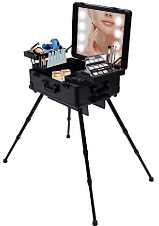 Kosmetikkoffer Trolley Schminkkoffer, 3 in 1 Profi Groß Schminkkoffer Aluminium Make Up Organizer Koffer Mit LED Friseurkoffer Beauty Case abschließbar Alu Multikoffer mit 4 Rollen, Stützbein(Schwarz)