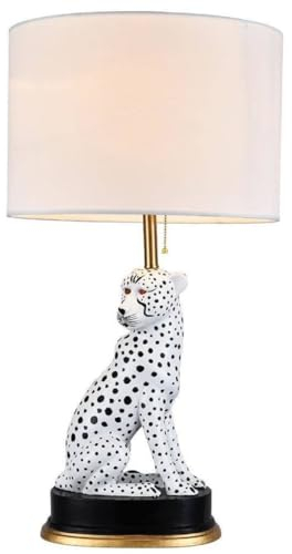 Casa Padrino Luxus Keramik Tischleuchte Puma Katze Weiß/Schwarz/Gold Ø 38 x H. 72 cm - Keramik Schreibtischleuchte mit rundem Lampenschirm - Luxus Keramik Leuchten