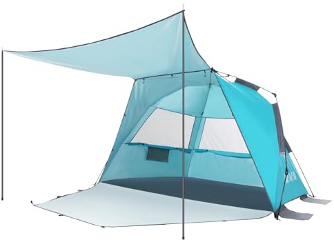 Dewur Strandmuschel 3-4 Personen Pop Up Strandzelt mit Sonnensegel UPF 50+ UV Sonnenschutz Wasserdicht für Familien Strand Camping Garten, Blau