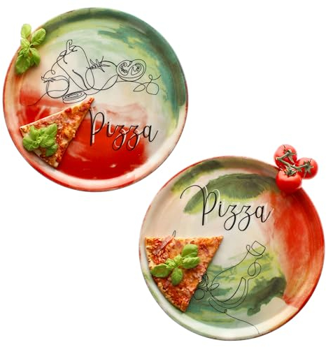 MamboCat Set di 2 piatti per pizza, verdure e olio, Ø 31 cm, per 2 persone, grandi piatti per pizza in porcellana con decorazione e scritta I per pizze o per preparare, piatti da portata XL