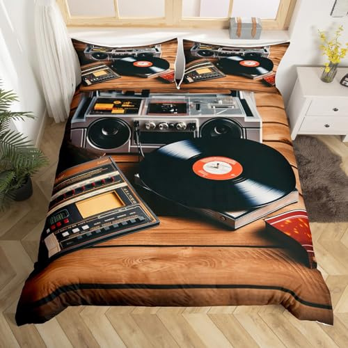 Erosebridal Retro Audio Music Bedding Sets Full for Kids Boys Girls Vintage Record Box Tape Recorder Comforter Cover, Misical Old Cassette Duvet Cover with 2 Pillow Cases & 4 Corner Ties