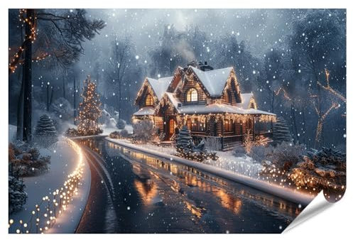 islandburner XXL Bild Poster Verschneiter Winterabend beleuchtetes Ziegelhaus mit Weihnachtslichtern im Schnee Premium Bilder Fotodruck