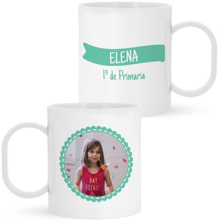 Kadoo Regalos Taza de Plástico Personalizada Infantil Lazo Bandera Con Foto Y Nombre | Vuelta al Colegio/Guardería (Turquesa)