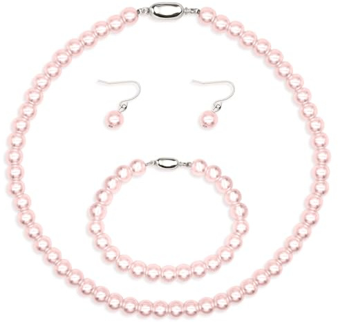 Kucheed Set di Gioielli di Perle Finte, Perle Artificiali, Collana di Perle Finte, Bracciale, Orecchini, Gioielli da Sposa Perle Finte Bianche e Rosa, Regalo per Donna, Gioielli da Sposa (Rosa)