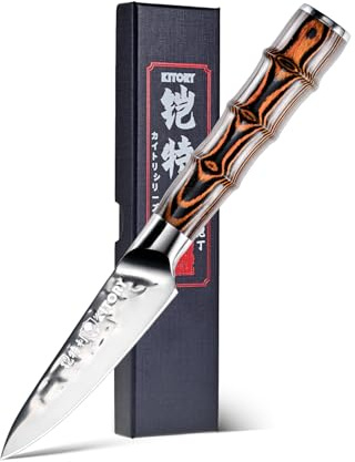Kitory Couteau à Fruit 9 cm, Couteau d'Épluchage Professionnel, Lame Noire en Acier Inoxydable Haute Carbone, Poignée en Bambou Ergonomique, Durable et Ultra-Tranchant