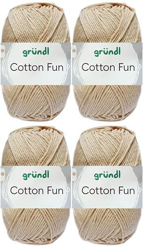 4x50 Gramm Gründl Cotton Fun Häkelgarn aus 100% Baumwolle inkl. Anleitung für Einkaufsnetz (31 Sand)