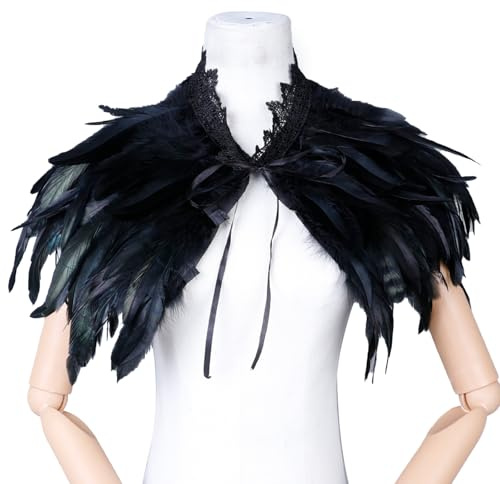 Fjäderhalsduk naturlig fjäder cape svart fjäder armhålor för häxor cosplay, karneval, halloween