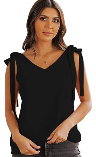 QKEPCY T Shirt Femme à Manches Courtes Col V Nœuds Épaules Tshirt Élégant Haut Décontracté Top Chic Fluide Blouse Mode Été Printemps Casual Tee Shirt